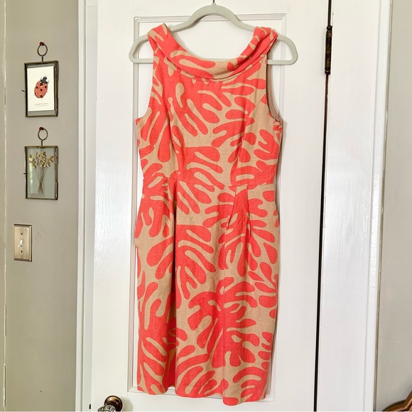 Donna Morgan Abstract Coral Dress Linen Tan 6 - Picture 1 of 7